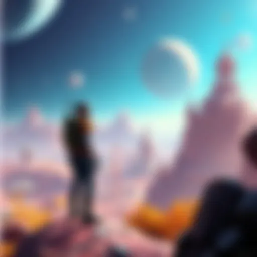 A player character standing on a colorful planet, gazing at distant celestial bodies and unique terrain, symbolizing the adventure in Outer Wilds.
