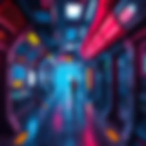 A player moving through a tight corridor with colorful lights in a futuristic space station