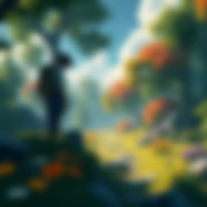 Exploring Wilds Area A character standing at the edge of a path leading to a vibrant Wilds area, contemplating whether to enter without completing the World section. Lush green trees and colorful flowers surround the scen...