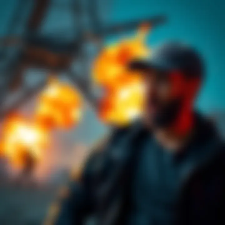 Explosion After Discovery Person looking surprised as an explosion occurs nearby after finding someone unexpectedly.