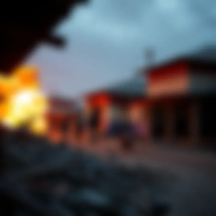 View of a damaged area after an explosion, showing debris and community members assessing the impact