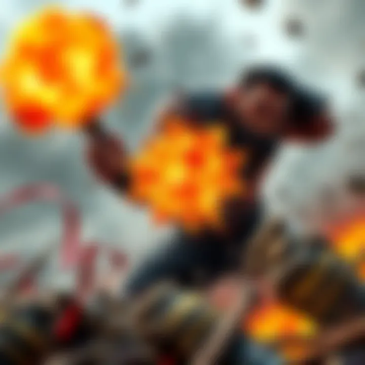 A game character, resembling a brute, creating a colorful explosion effect while engaging in combat, surrounded by debris and smoke.