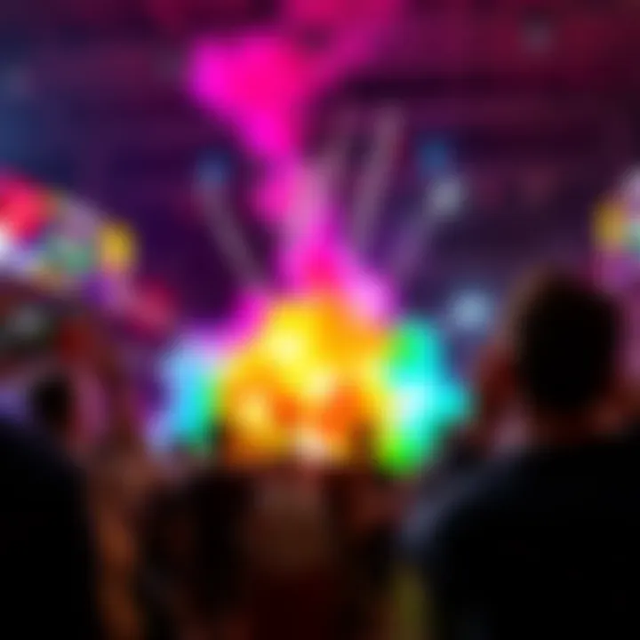 A crowd gasps in surprise as an explosion occurs during an event, with colorful smoke and sparks lighting up the scene.