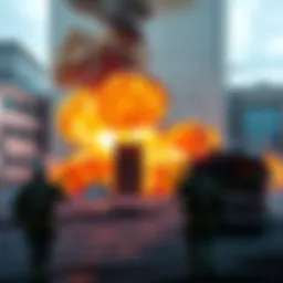 Explosion and Fire Scene A large explosion causes a fire, with flames and smoke rising into the sky, as emergency responders assess the area.