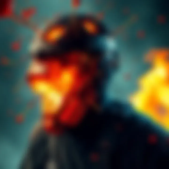Explosive Headshot in Video Game A character in a video game shows a dramatic head explosion during combat, with vivid splatters and an intense background.