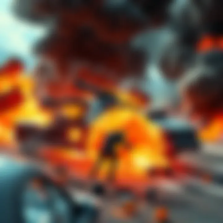 A scene showing a player causing multiple vehicle explosions in Absolution, with flames and smoke rising from the wreckage.