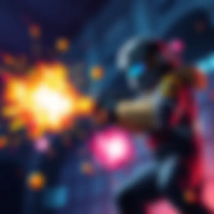 A character shooting colorful explosive pops that burst without causing damage, highlighting unique gameplay mechanics.