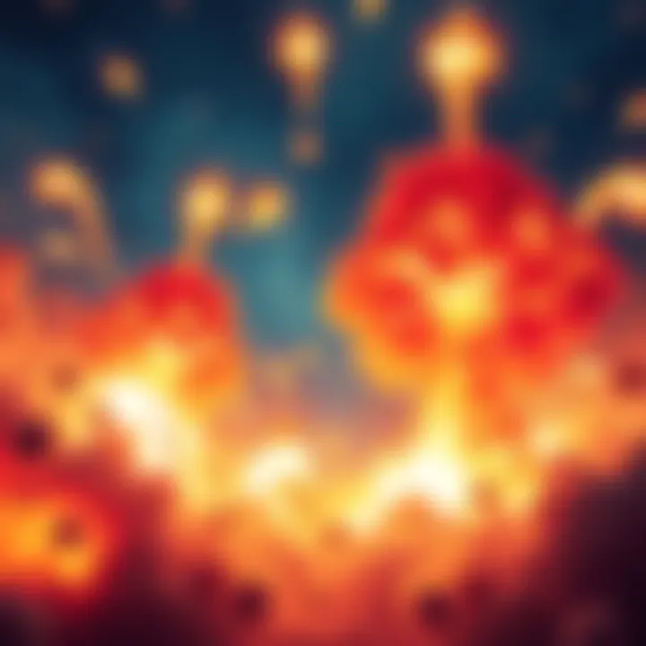 A dynamic scene showing explosive kunais flying through the air, creating colorful blasts upon impact.