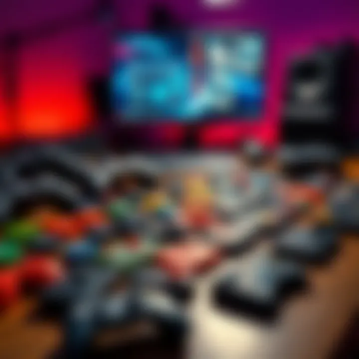 A variety of game keys laid out on a table, with a computer and game controllers in the background, representing trading and managing surplus codes.