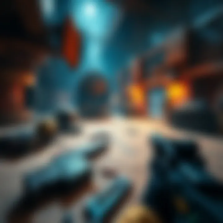 A player searching for loot in an extraction shooter game environment with scattered gear and obstacles