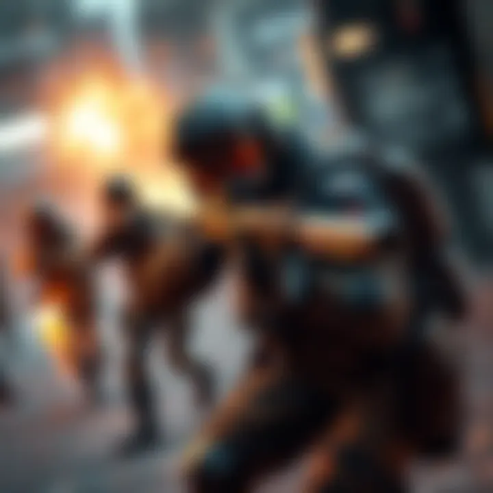 A player character in tactical gear engaging in combat in a detailed game environment with both PVE and PVP elements visible.