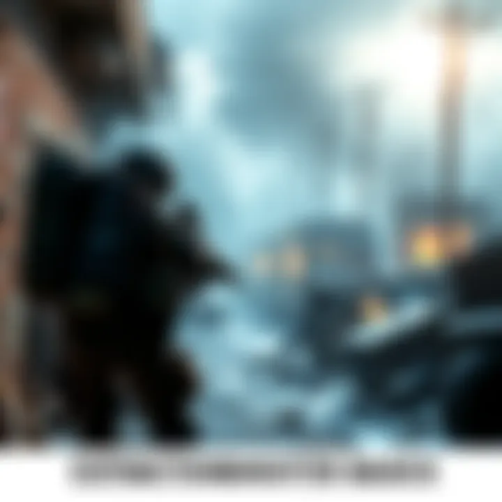 A player character in tactical gear explores a war-torn area, searching for loot while remaining alert for enemies.