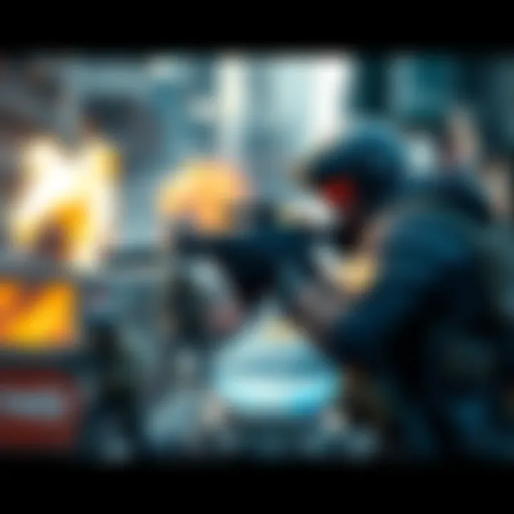 Extraction Shooter Gameplay A scene from an extraction shooter game, featuring a character in tactical gear aiming a weapon in an urban environment, with explosions in the background.