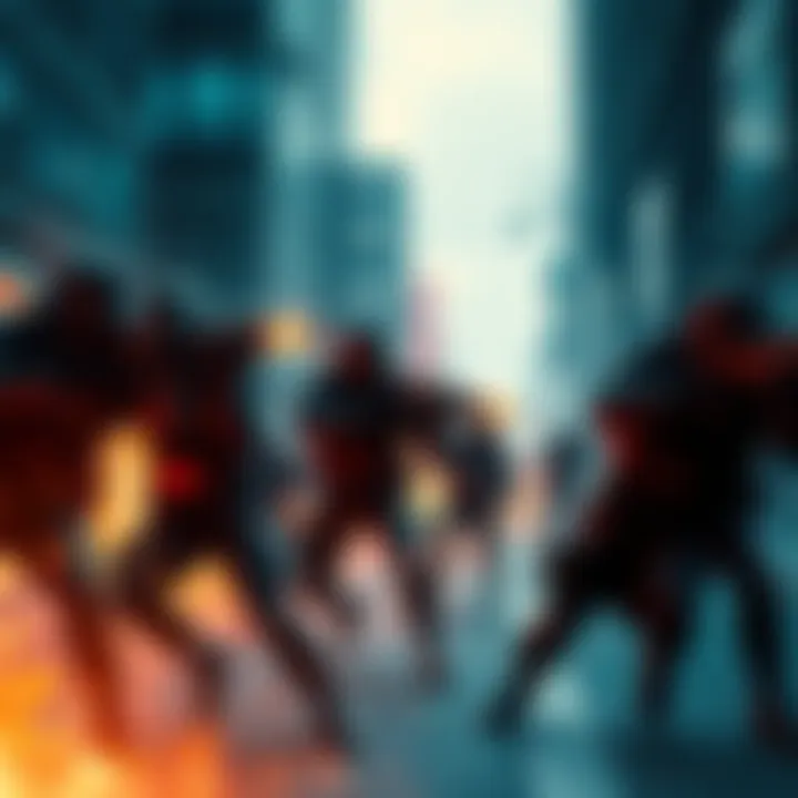 Intense Gunfight in Extraction Shooter A group of players engaged in a fierce gunfight in an urban environment, showcasing tactical movements and strategic teamwork.