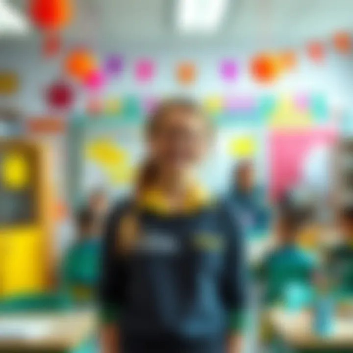 ExtraEmily smiles as she stands at the front of her classroom on her first day, surrounded by colorful decorations and students.