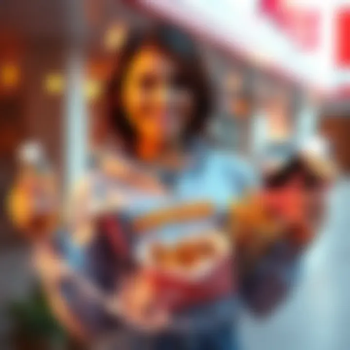 ExtraEmily holding an exclusive Popeyes bundle, showcasing special food items, smiling happily