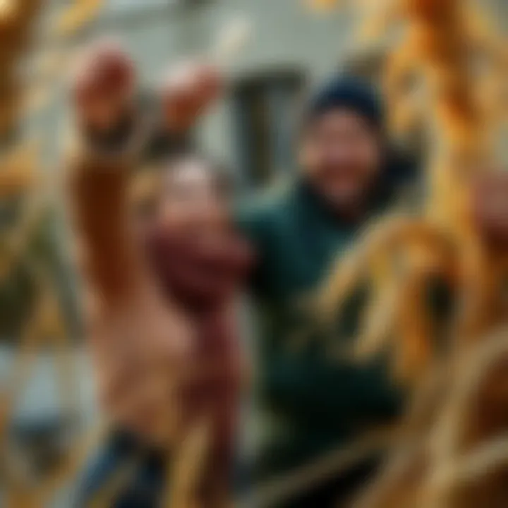 ExtraEmily and Erobb joyfully hold up the needle they found after an 8-hour search, surrounded by haystacks.