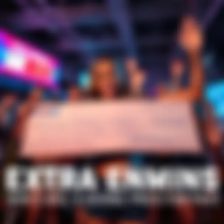 ExtraEmily smiles while holding a large check at the MrBeast event, surrounded by excited fans, showing her intention to share her prize money with them.