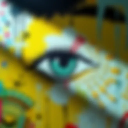 A close-up of a colorful eye symbol painted on a canvas, representing themes of perception and observation in art.
