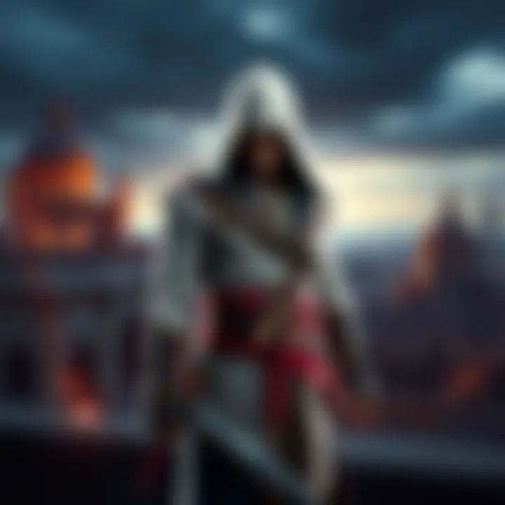 Ezio Auditore stands confidently in a historical city, wearing his iconic white hooded cloak and holding a hidden blade, with a picturesque skyline in the background.