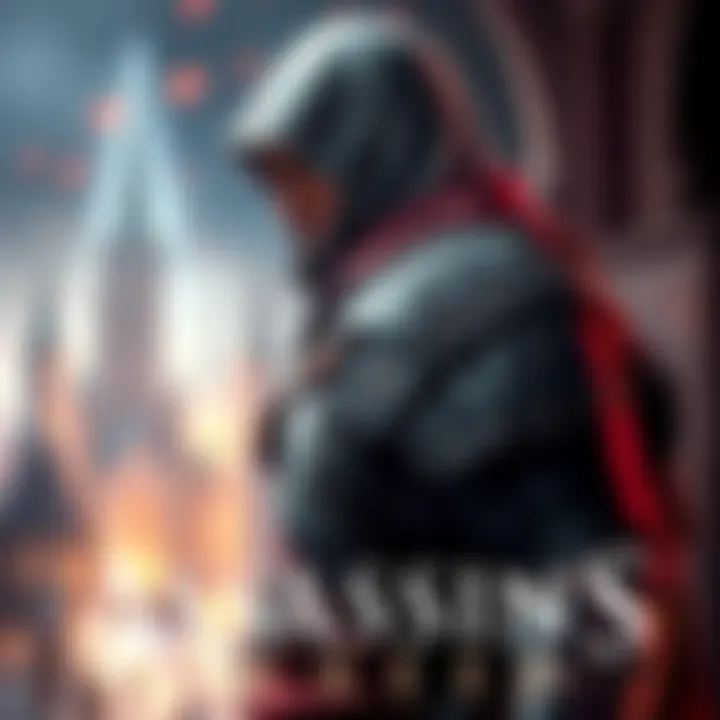 Ezio Auditore in a heroic pose with his iconic hood and outfit, reflecting on his journey as an assassin, set against a vibrant game backdrop.