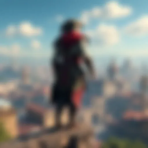 Ezio Auditore, dressed in his iconic outfit, stands atop a stone wall overlooking a bustling historic city with landmarks in the background.