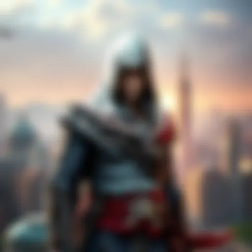 Ezio, a skilled assassin in a white hooded robe, stands confidently with a city skyline in the background, symbolizing his journey through different games.