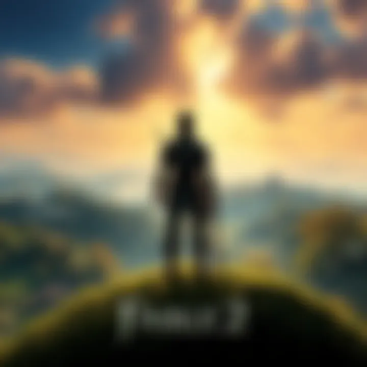 A heroic character from Fable 2 standing on a hilltop, looking over a vibrant fantasy landscape filled with lush trees and a distant village, symbolizing adventure and choices.