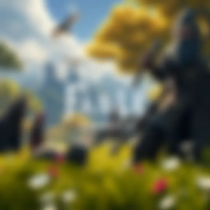 A scene showcasing diverse characters from Fable in a lush, vibrant world, with elements highlighting character development and exploration.