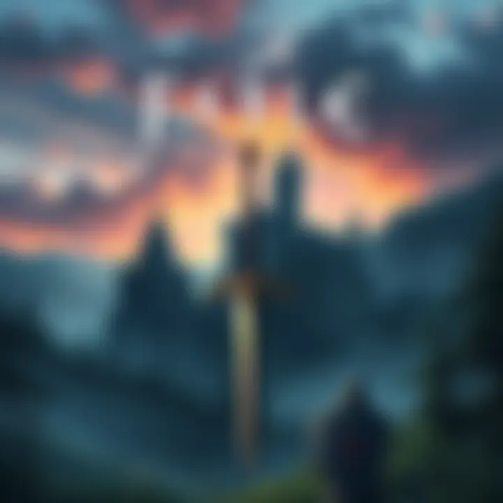 A mystical landscape showing a sword and shield in front of a castle, symbolizing adventure and fantasy in the Fable game.