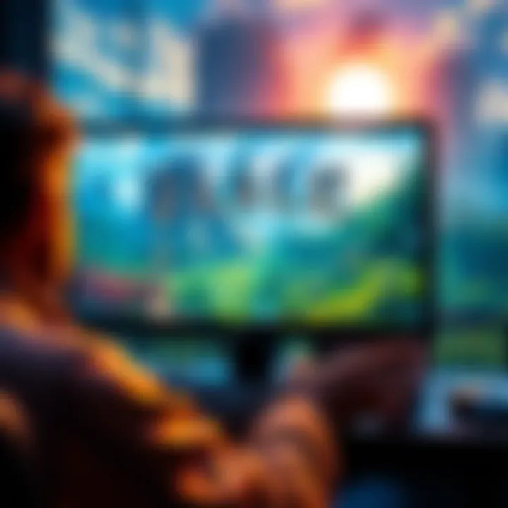 A gamer playing Fable 1-3 on a PC, with a fantasy landscape from the game visible on the screen.