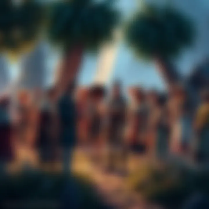 A scene showcasing various unique NPCs in a lively fantasy setting, engaging in interactions and exploring marriage options.