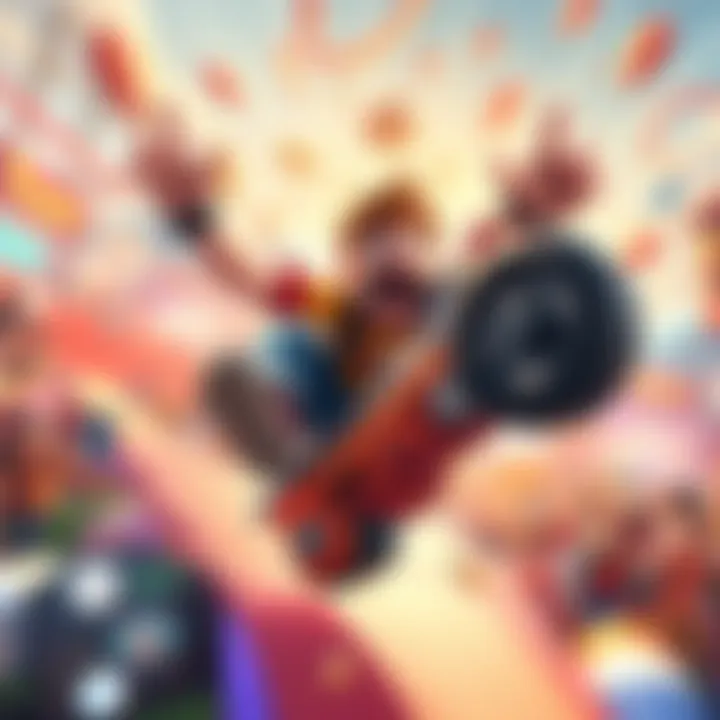 Face McShooty performing a funny stunt in a vibrant game world, surrounded by cheering fans.
