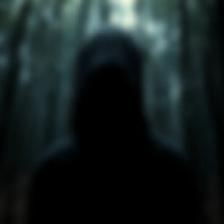 A shadowy figure representing Slenderman, with a blurred face, surrounded by dark woods.