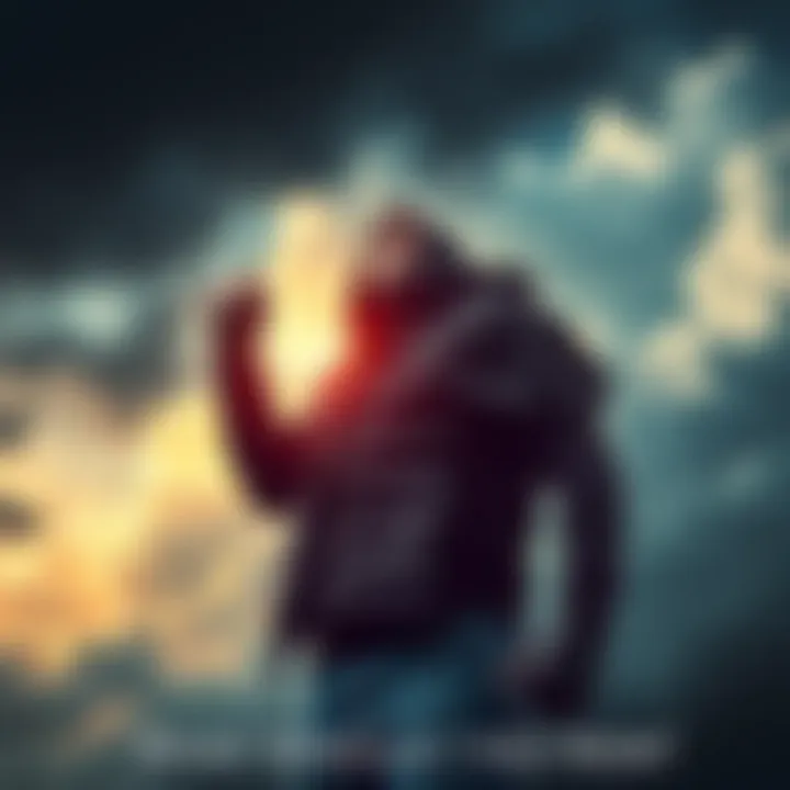 Person facing challenges Individual standing strong with determined expression, surrounded by stormy clouds indicating tough times, representing resilience and hope.