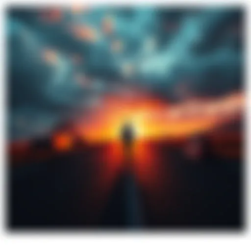 A person standing at a crossroads, contemplating choices represented by familiar obstacles in their path.