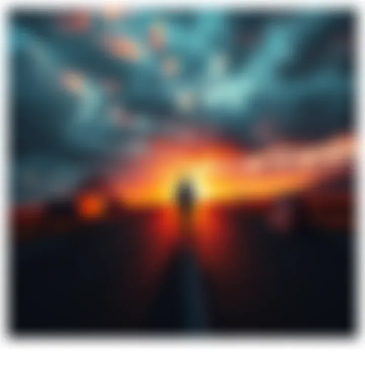 A person standing at a crossroads, contemplating choices represented by familiar obstacles in their path.