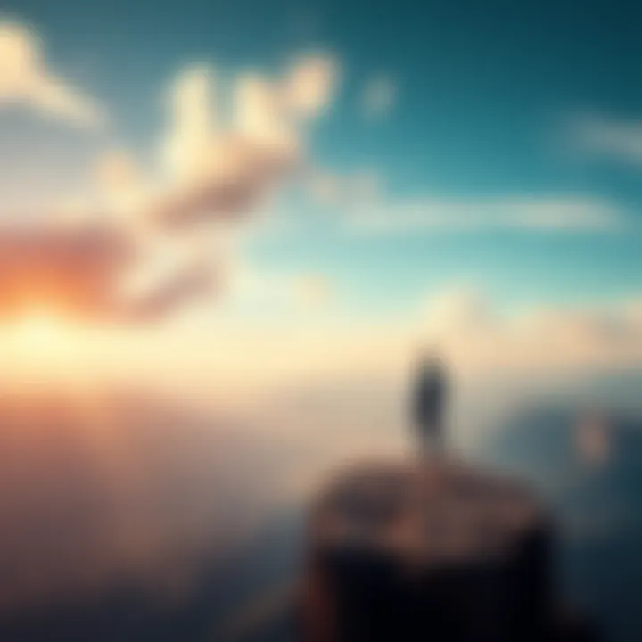 A person standing at the edge of a cliff overlooking a vast landscape, contemplating life and death.