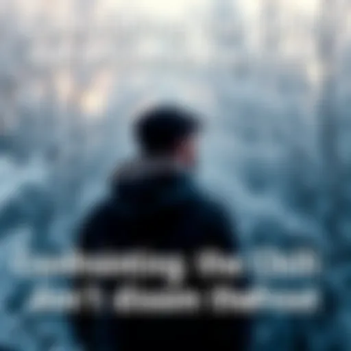 A person stands against a backdrop of frost-covered trees, preparing for the challenges of winter.