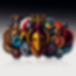 A collage of various gaming faction logos inspired by Greek mythology and Roman themes, showing symbols like helmets, laurel wreaths, and mythical creatures.