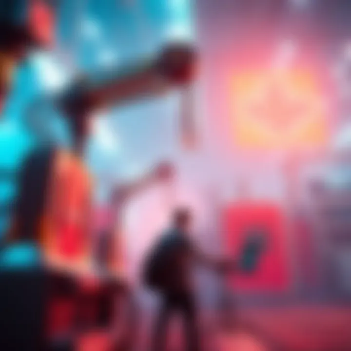 A character interacts with automated factory equipment while exploring a vibrant game world, showcasing the blend of action and production.
