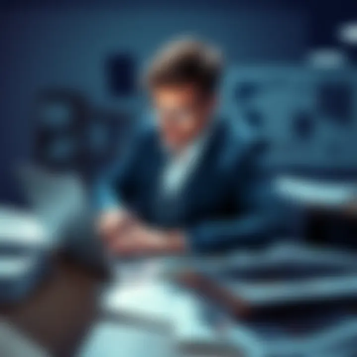 A journalist checking facts on a laptop while surrounded by news articles and papers, symbolizing the importance of accurate reporting.