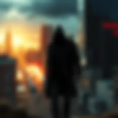 Faded Memories A shadowy figure symbolizes forgotten survivors and killers, set against a blurred cityscape, representing lost memories and emotional ties.