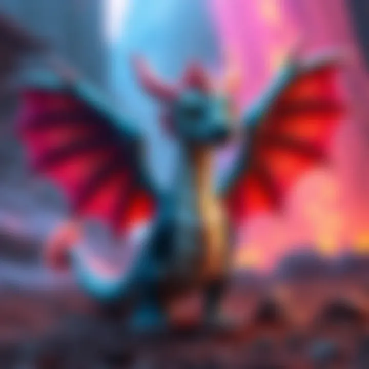 Colorful dragon character named Fafnir standing confidently with wings spread, surrounded by a vibrant background