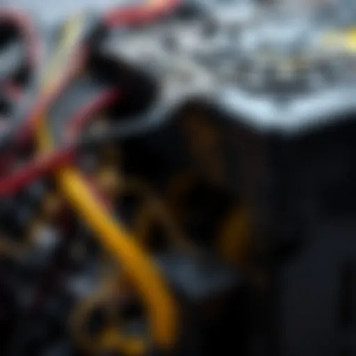 A close-up of a burnt EVGA 750 G2 power supply unit with wires frayed, showing signs of electrical damage and smoke residue.