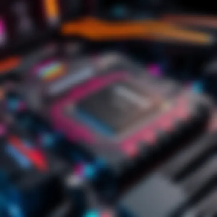 Close-up of a failed CPU on an Asrock motherboard with a gaming setup around it