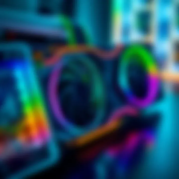 A close-up view of a Gigabyte Aorus RTX 5090 Master Ice graphics card with RGB lights on, but the fans are not spinning, indicating a malfunction.
