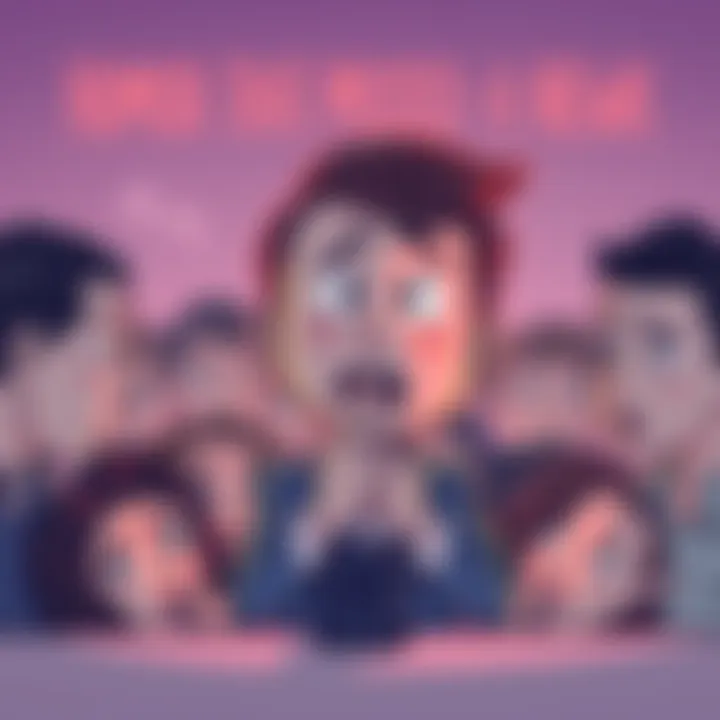 A cartoon character attempting to tell a joke, confused expressions on faces around him, symbolizing humor that doesn't connect.