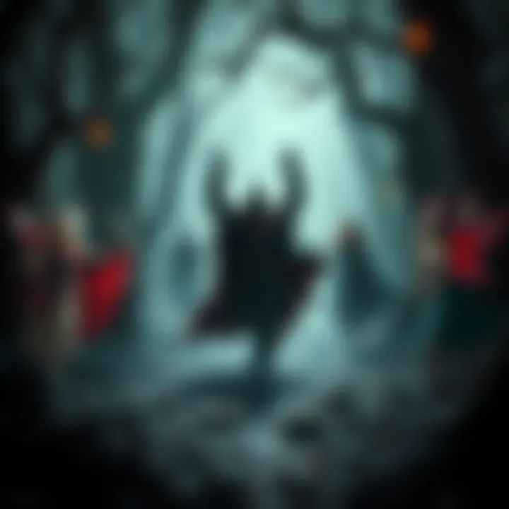 A scene featuring various fairy tale characters reimagined in a dark and gritty style, set in a mysterious forest with twisted trees and eerie lighting