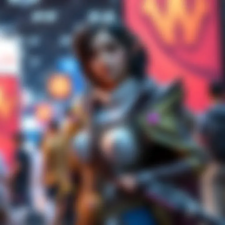 A person dressed as Faith showcasing their detailed costume at a convention with a colorful backdrop